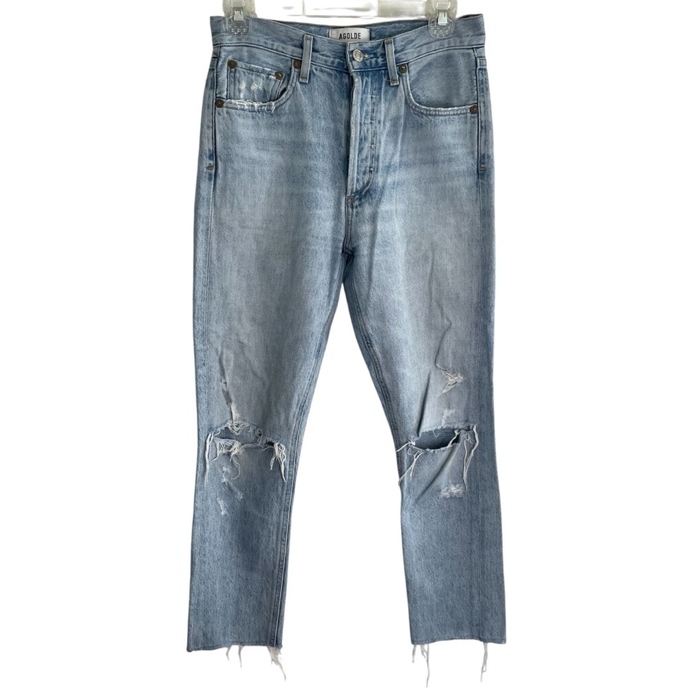 AGOLDE Light Blue Ripped Straight Buttonfly Jeans Size 24 ladies distressed chic